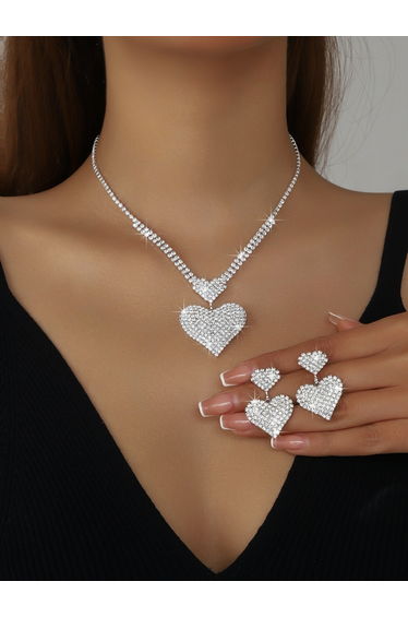 Pack of 2 - Rhinestone Heart Shaped Necklace and Earrings
