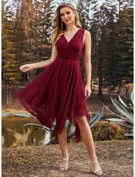 ever ELORA|V Neck Ruched Asymmetrical Hems Midi Chiffon Bridesmaid Dress - 1
