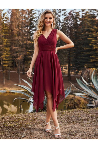 ever ELORA|V Neck Ruched Asymmetrical Hems Midi Chiffon Bridesmaid Dress