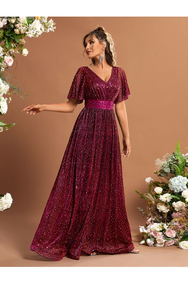 Leely Elegant V Neck Flounce Sleeve Bridesmaid gowns