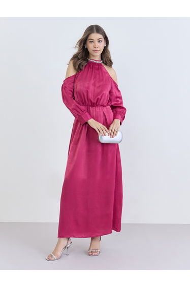 Women Embellished Cold Shoulder A-Line Maxi Dress