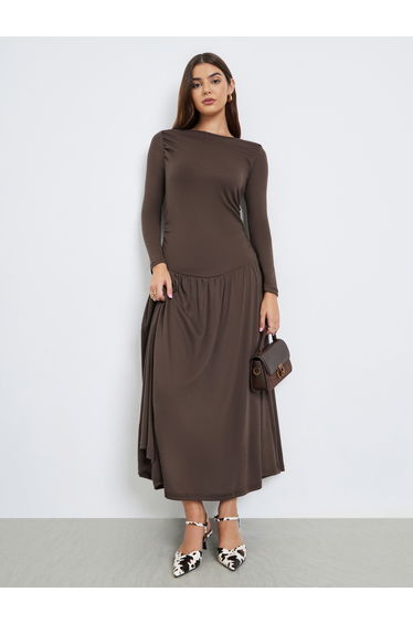 Brown Gathered Detail A-Line Maxi Dress