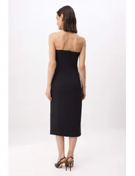 Black Strapless Button Detail Midi Stretchy Woven Dress - 3