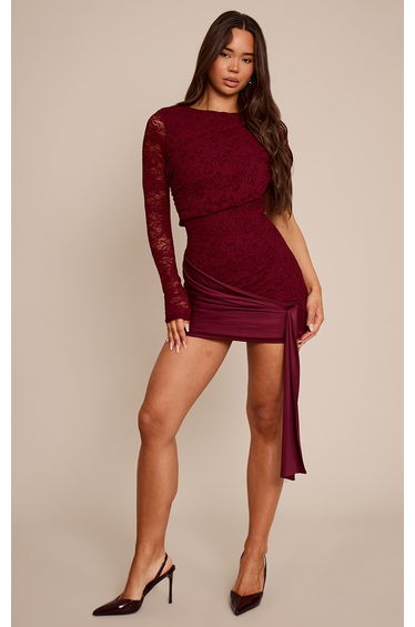 Wine Lace Wrap One Sleeve Mini Dress
