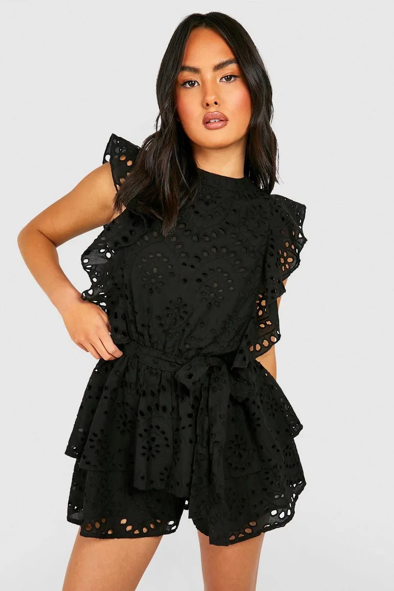 Broderie Ruffle Playsuit - black