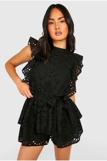 Broderie Ruffle Playsuit - black
