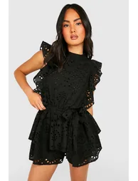 Broderie Ruffle Playsuit - black