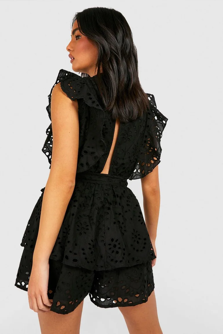 Broderie Ruffle Playsuit - black - 1