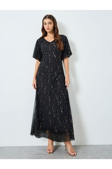 Women Black Embellished Mesh Maxi Dress