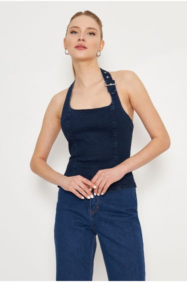 Dark Blue Belt Buckle Detail Halter Neck Denim Blouse