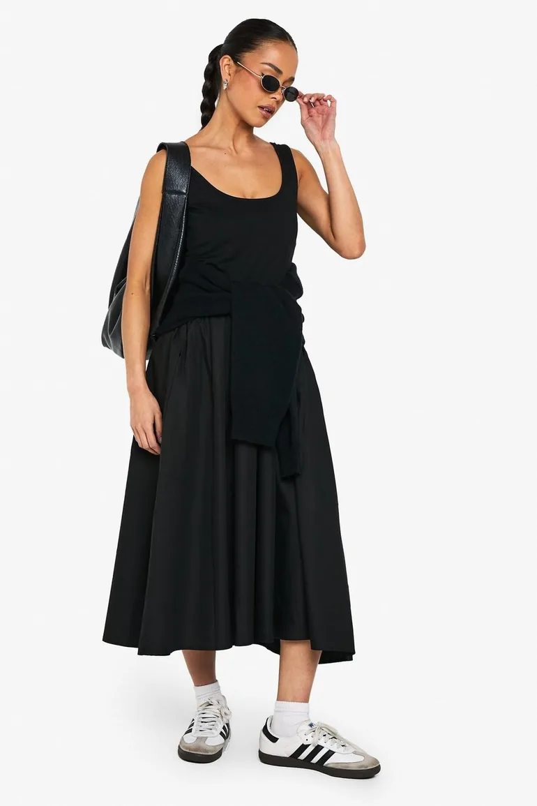 Ribbed Scoop Neck Mixed Fabric Smock Midaxi Dress - black