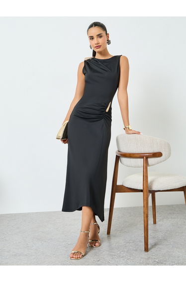 Black Sleeveless Draped Ruched Maxi Dress