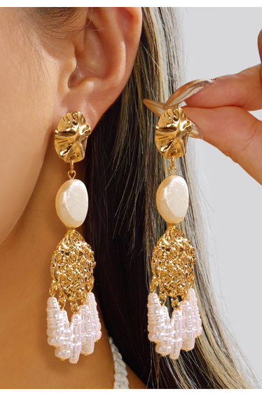 Textured Metal Piece Pearl Fringe Dangle Earrings for Boho Wedding & Bridal Shower