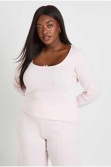 Plus Pointelle Scoop Neck Long Sleeve Pyjama Top - baby pink