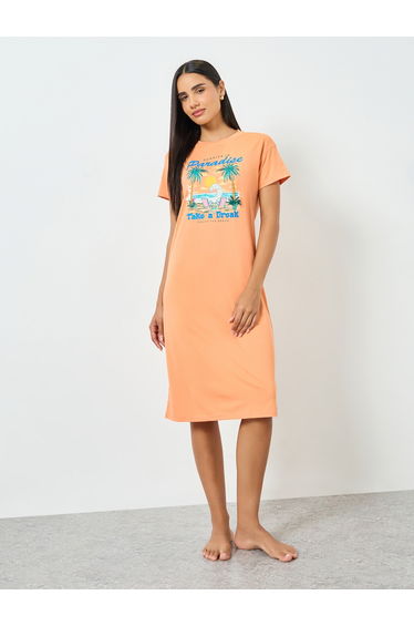 women's graphic print short sleeve round neck knee length nightdress