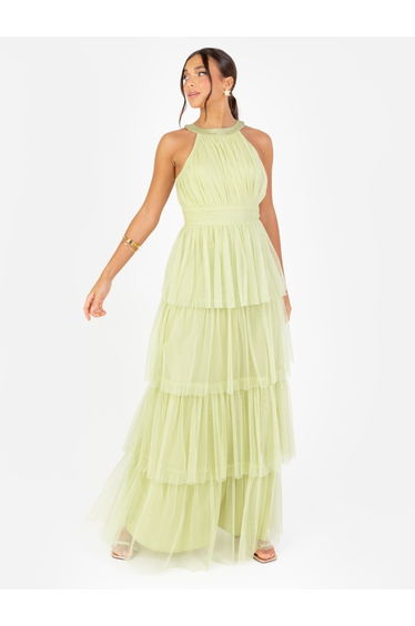 Anaya With Love Recycled Spring Green Halter Neck Tiered Maxi Dress