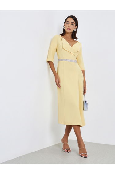 Women Embellished Waist Sheath Midi Dress