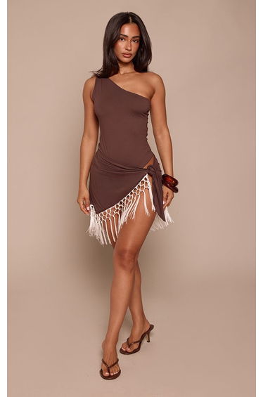 Petite Chocolate Contrast Tassel Hem Slinky Sarong Co-ord