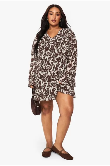 Plus Floral Ruffle Tie Front Shift Dress - chocolate