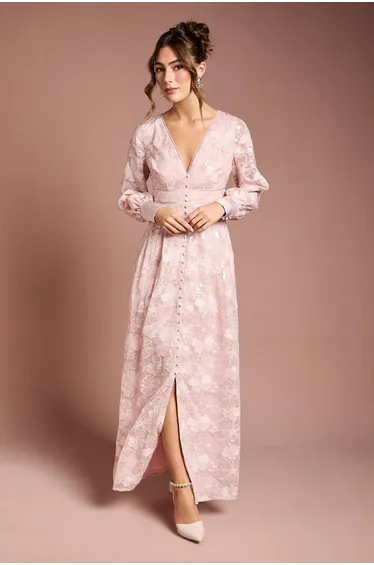 Blouson Sleeve V Neck Sequin Floral Mesh Midaxi Dress