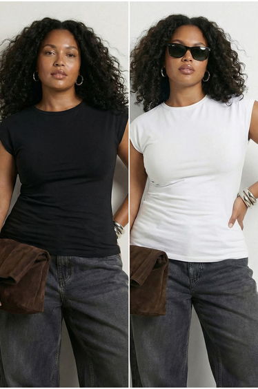 Black-White 2'Li Package Viscose Ribbed Flexible Comfortable Basic Knitted Large Size Blouse