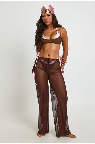 Sheer Mesh Wide Leg Beach Trousers - chocolate