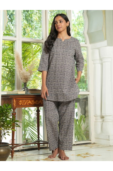 Grey All Over Print Cotton Top and Pyjama Set