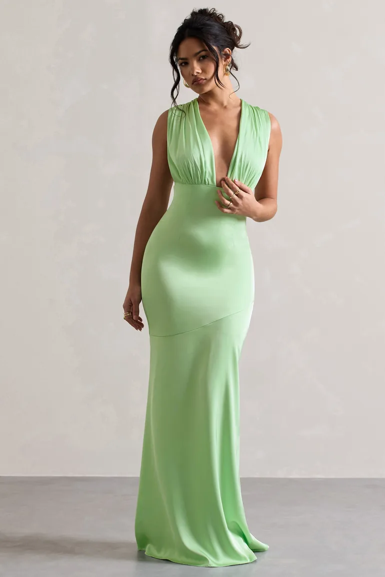 Shop Azzara | Light Green Satin Ruched V-Neck Online in Bahrain Shop Azzara | Light Green Satin Ruched V-Neck Online in Bahrain
