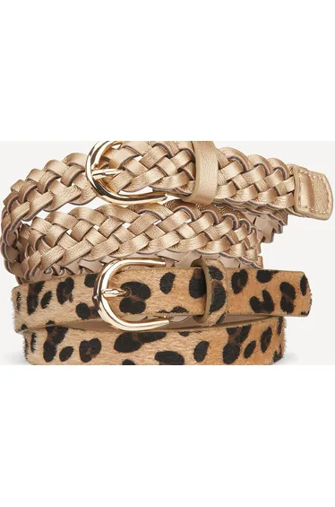Pack of 2 Belts, Plaited/Leopard Print