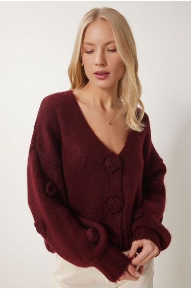 Women's Burgundy Pompom Flower Detail Knitted Cardigan