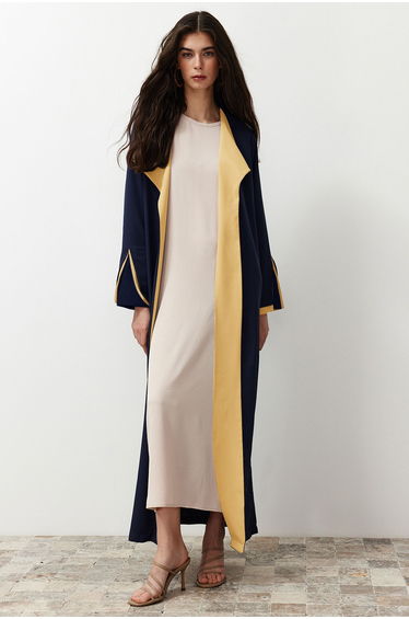 Navy Blue Color Block Long Aerobin Woven Cap & Abaya & Abaya