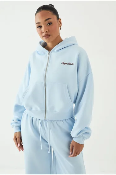 DSGN Studio Script Embroidered Boxy Crop Zip Through Hoodie - light blue
