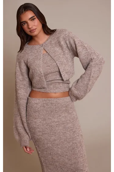 Taupe Knitted Extreme Cropped Cardigan