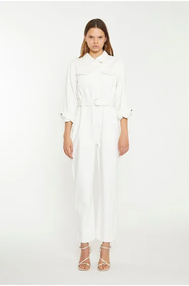 Off White Belted Denim Jumpsuit