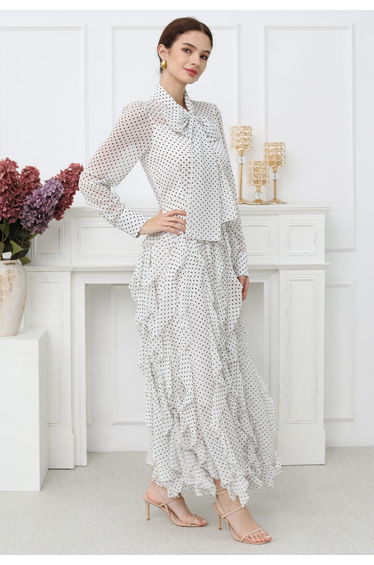 Cascade Ruffle Polka Dot Bowknot Chiffon Maxi Dress in White