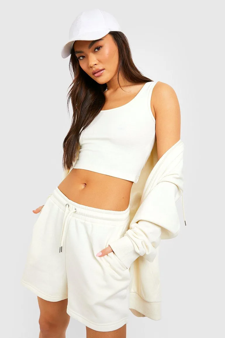 Scoop Neck Crop Top And Sweat Short Set - ecru - 2