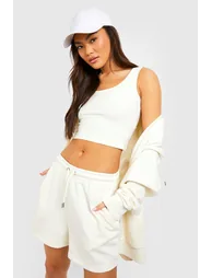 Scoop Neck Crop Top And Sweat Short Set - ecru - 2
