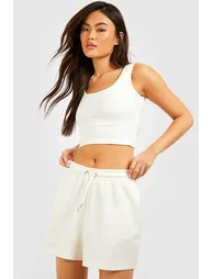 Scoop Neck Crop Top And Sweat Short Set - ecru - 3