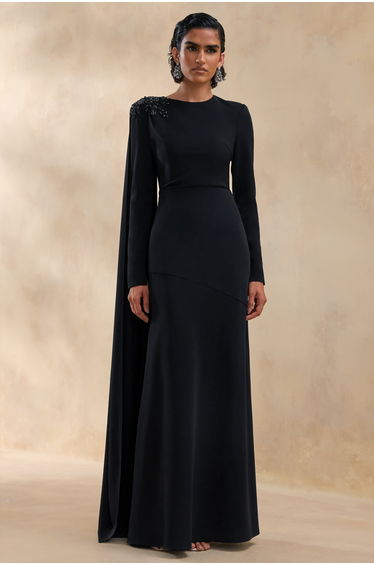 Reese | Black High-Neck Maxi Dress With Embellished Detail and Sash