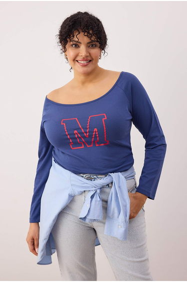 Navy blue off-the-shoulder supreme knitted plus size blouse