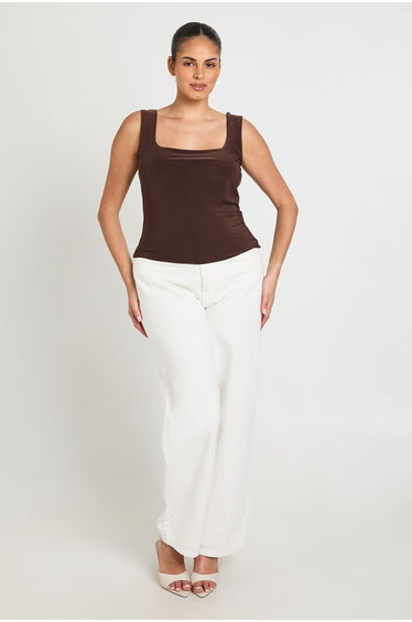 Plus Double Layer Slinky Square Neck Crop Top - chocolate