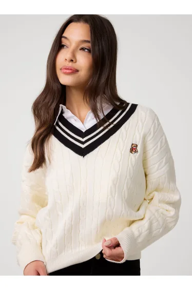 V Neck Cable Knit Teddy Jumper