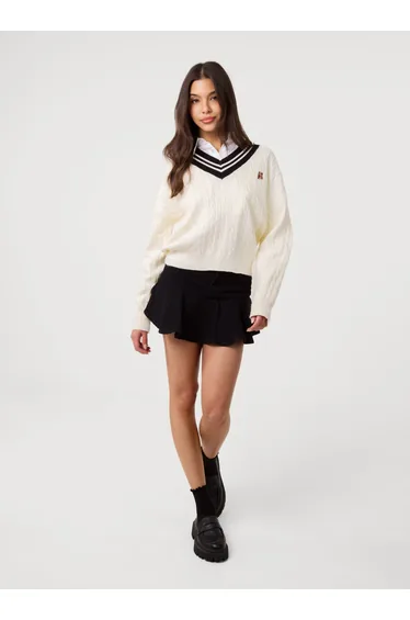V Neck Cable Knit Teddy Jumper