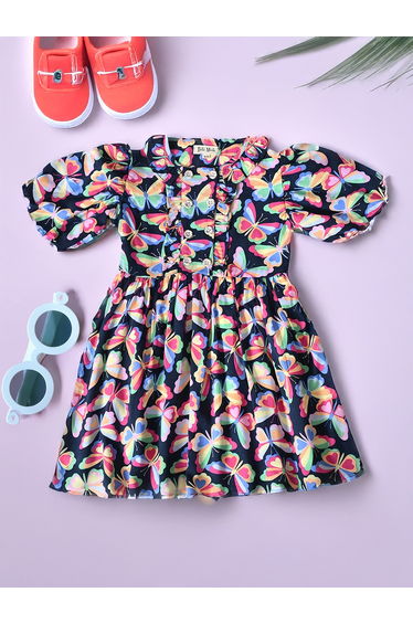 All-Over Butterfly Print Balloon Sleeves Dress