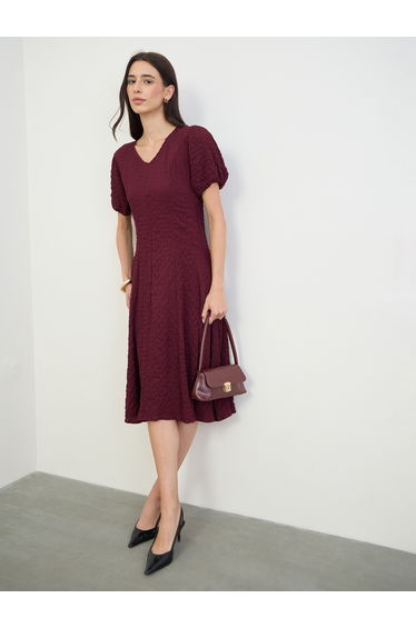 Burgundy Textured A-Line Midi Dress