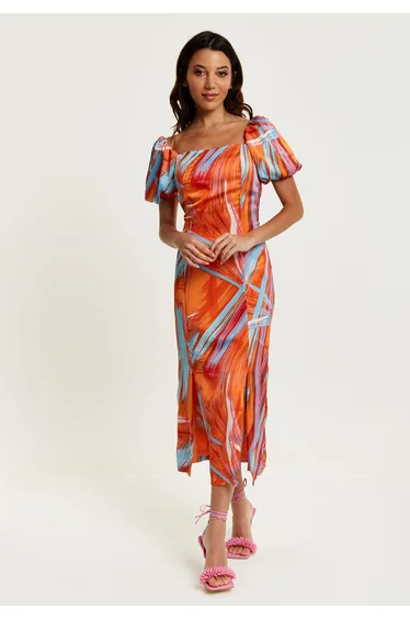 Women's Midi Dress in Orange with Puff Sleeves and Square Neck.