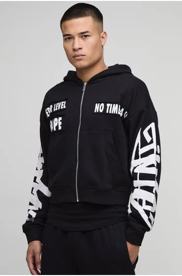 هودي بسحاب مزين بزخرفة لون أسود