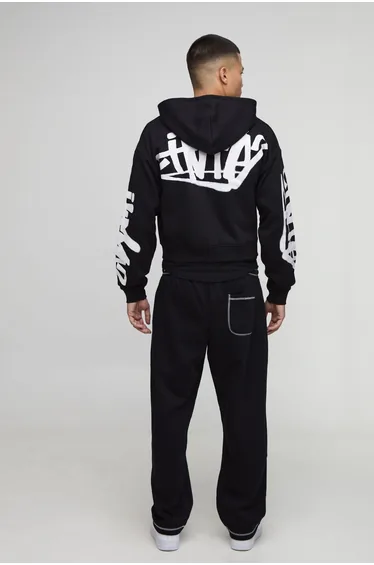 هودي بسحاب مزين بزخرفة لون أسود