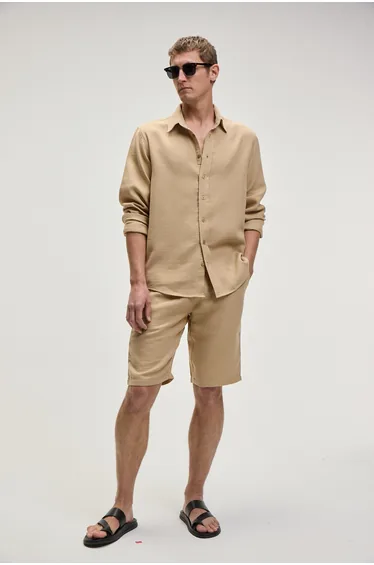 GRIMELANGE JENS Men's 100% Cotton Slim Fit Narrow Cut Beige Shorts with Side Pockets