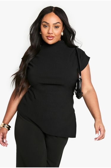 Plus Ruched Shoulder Asymmetric Hem Top - black